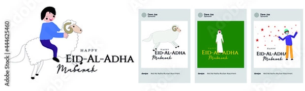 Obraz Eid al Adha celebration card with a sheep and a kid riding a lamb. Social Media post template.