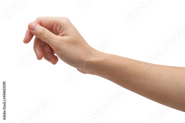 Obraz Woman hand hold virtual business card, credit card or blank paper isolated on white background.