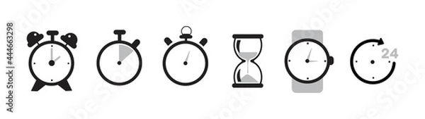Fototapeta Set of monochrome clocks alarm clocks and stopwatches vector icon isolated on white background. Flat style illustration.