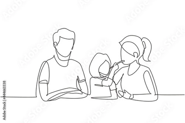 Fototapeta Single continuous line drawing young family having fun together in modern restaurant. Daughter feeds her mother with love. Happy little family concept. One line draw graphic design vector illustration