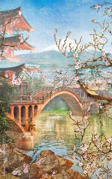 Fototapeta Aerial oriental landscape with curved cherry blossom trees, river, pagoda and stone bridge. Illustration of a wonderful summer day on the banks of a picturesque river.