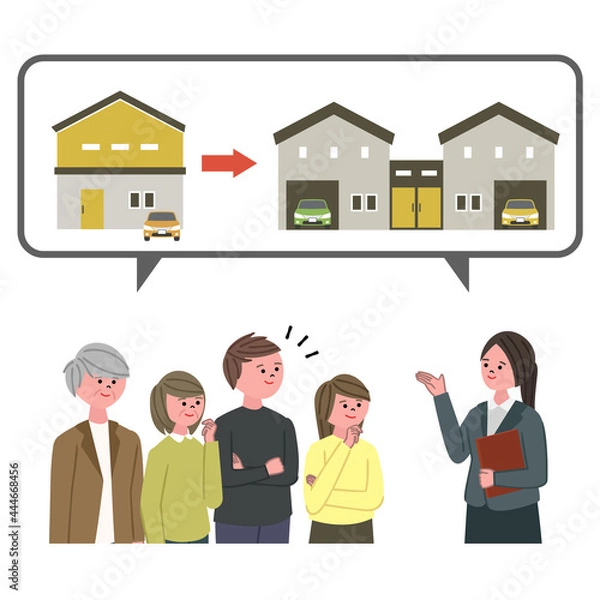 Obraz 二世帯住宅を検討する人々と案内するスーツの女性のイラスト