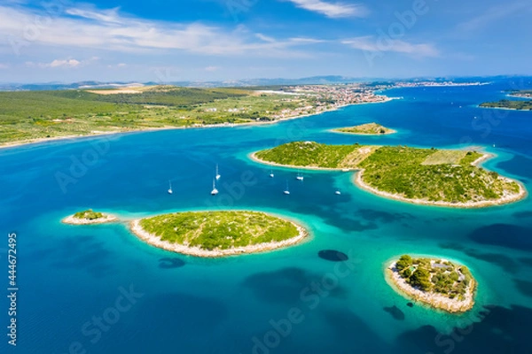 Fototapeta Aerial view of Kornati island archipelago at sunrise. Kornati National Park, Croatia.