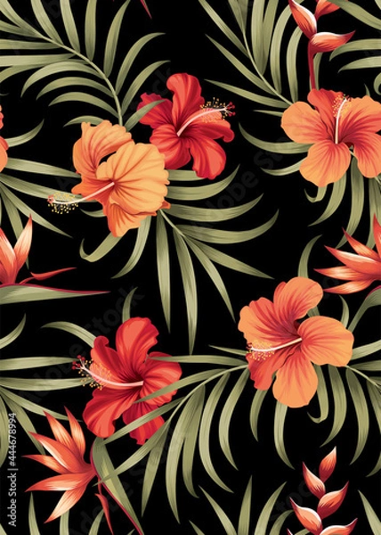 Fototapeta Seamless pattern of hibiscus flowers and palm leaf background template. Vector set of floral element for tropical print, wedding invitations, greeting card, brochure, banners and fashion design.