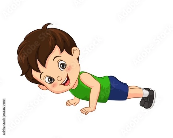 Obraz Cartoon little boy doing push up