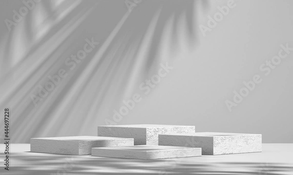 Fototapeta 3D white product podium display with white background and tree shadow,summer product mockup background,3D render illustration