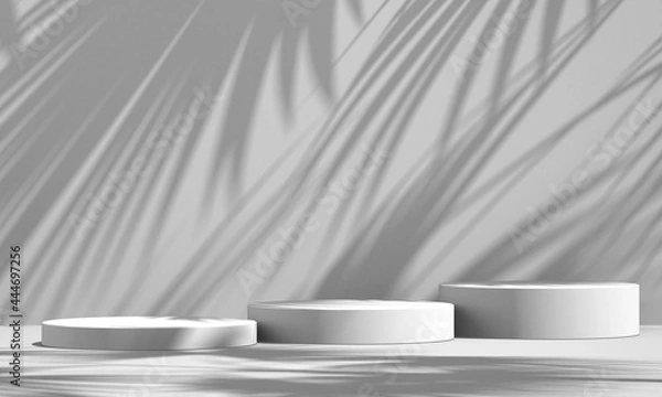Obraz 3D white product podium display with white background and tree shadow,summer product mockup background,3D render illustration
