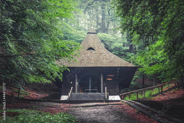 Fototapeta Chapel of St. Roch in Krasnobród, Roztocze, Poland. Beautiful wooden sacral building situated on a hill between trees.