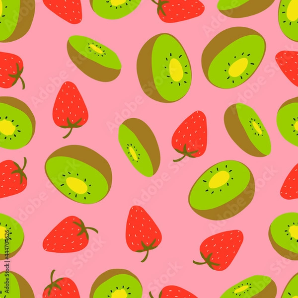 Fototapeta Flat fruit seamless pattern in hand-drawn style. Vector repeat background with kiwi, watermelon and berries. Fresh food fabric design.