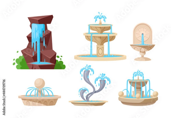 Fototapeta Collection of fountains, geyser waterfalls and water splash. Vintage and modern architecture decor