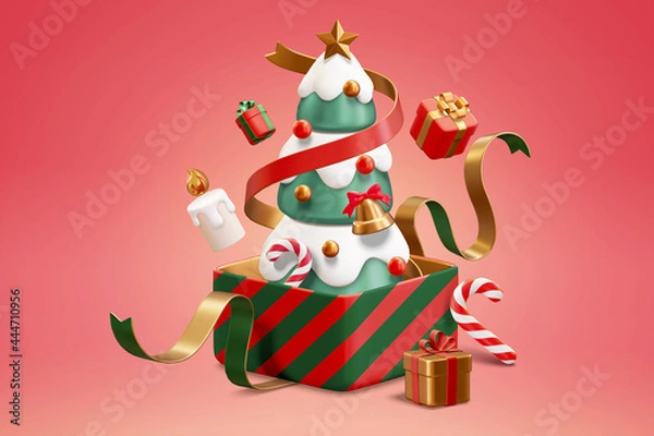 Fototapeta 3d Xmas tree in an unboxed gift