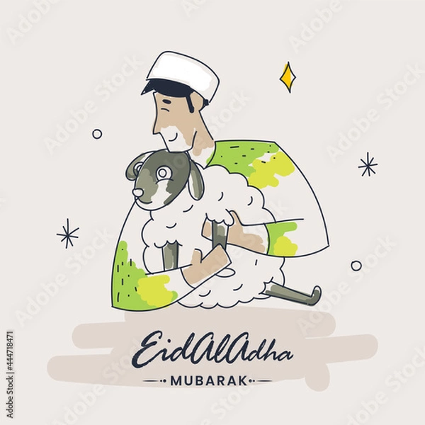 Fototapeta Islamic festival of sacrifice Eid-Ul-Adha Mubarak background with Muslim man hugs sheep before the ritual. 