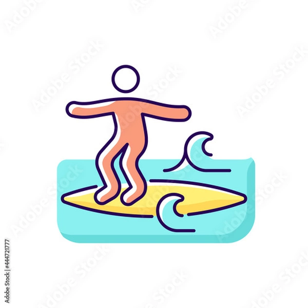 Fototapeta Noseriding surfing technique RGB color icon. Isolated vector illustration. Performing maneuver on head-high waves. Cross-stepping trick. Glide across waves on longboard nose simple filled line drawing
