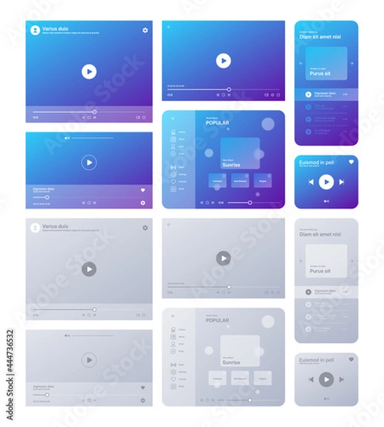 Fototapeta Web player interface. Video tube music radio platform ui template sound records digital interface garish vector pictures set with place for text clean light theme