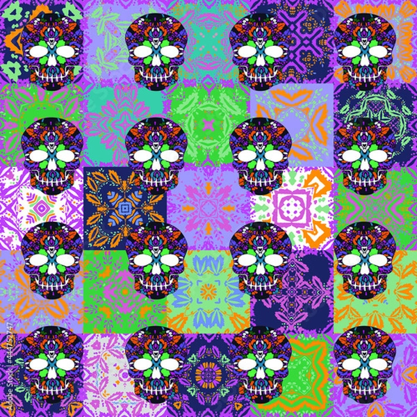 Fototapeta Traditional ornate decorative tiles and skulls. Abstract background. Vector hand drawn illustration, ceramic products. Set of mandals and bones. Seamless pattern.