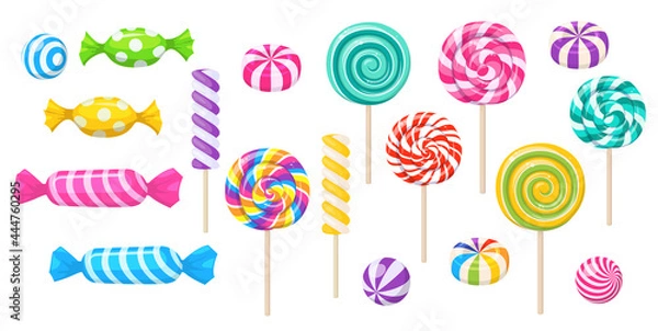 Fototapeta Candies, lollipop, sugar caramel in wrapper, gums and twisted marshmallow on stick. Vector set of sweets, spiral lollypops, striped bonbons and bubblegums isolated on white background