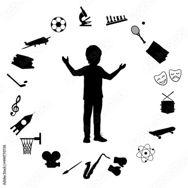 Obraz Silhouette boy surrounded of hobbies