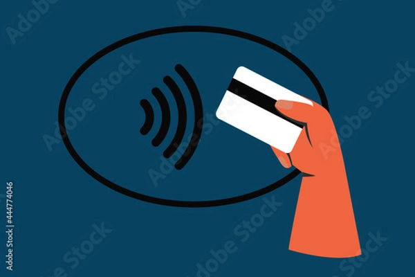 Fototapeta Paywave icon with hand holding white card showing payment via wireless with blue background