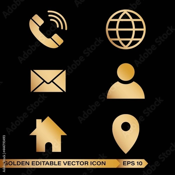 Fototapeta Luxury Contact information icons, vector. With premium gold color on the black background. For business cards and websites. Telephone, mail, letter, person, address, location icons 