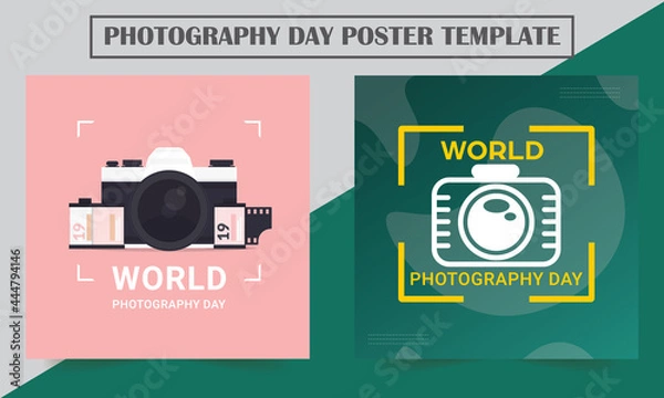 Obraz Camera Vector Design template, World Photography Day with World Map Background design.