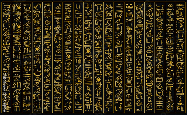 Fototapeta Ancient golden egyptian hieroglyphs alphabet pattern over black background. Ancient egyptian and ancient culture concept