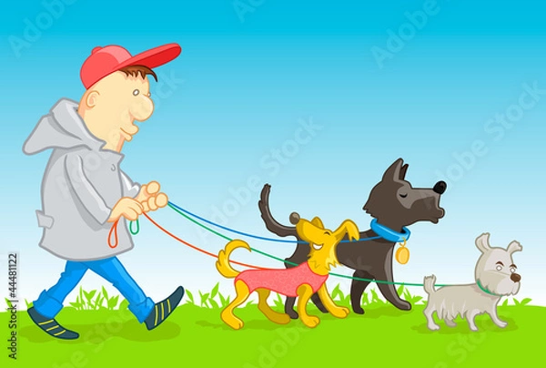 Obraz Man walking his three dogs