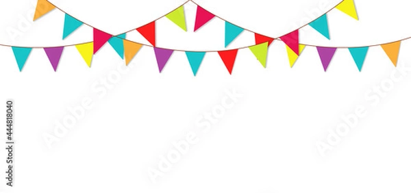 Fototapeta Party flag garland. Bunting for birthday and fair. Colorful triangle flag for carnival isolated on white background. Bright bunting hanging on string for festive. Illustration for celebration. Vector