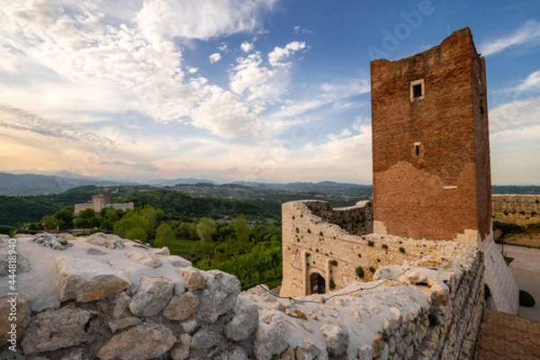 Fototapeta Panorama from the terrace of the medieval tower of the Romeo and Juliet castle in the province of Vicenza in Montecchio Maggiore.Blue sky clouds at the Bellaguardia Castle of Romeo Vicenza Veneto.
