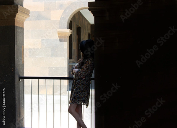 Obraz beautiful girl looking out balcony back view