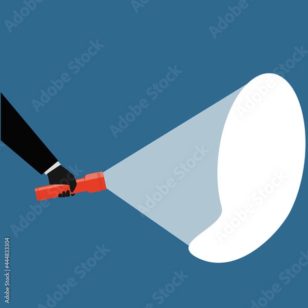 Obraz hand with a flashlight shines, illuminates, finds something, vector illustration