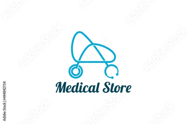 Fototapeta Vector logo element with illustration of a stethoscope in the shape of a shopping trolley or stroller. Usable for logos of medical devices or baby clinics and pharmacies or drugstores