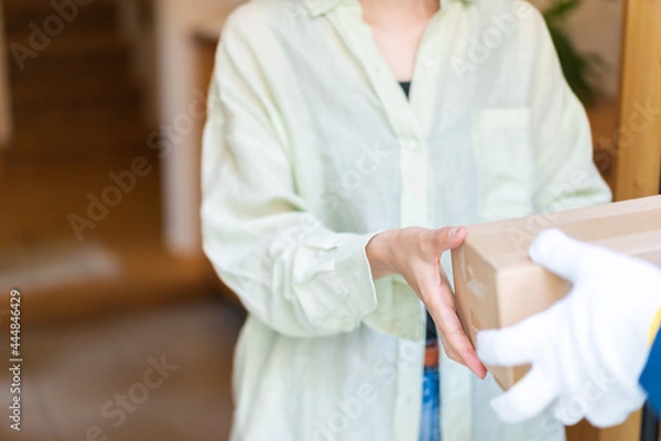 Fototapeta 宅配便・デリバリーを受け取る若い女性