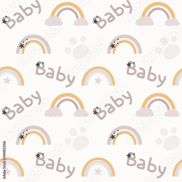 Obraz Bohemian baby shower texture. Boho seanless pattern with rainbow, footprint and cloud.