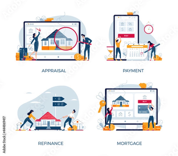 Fototapeta Mortgage banners set. House-buying, mortgage refinancing, monthly payment, real estate appraisal. Property purchase, loan refinance concepts collection for web design.Modern flat vector illustration