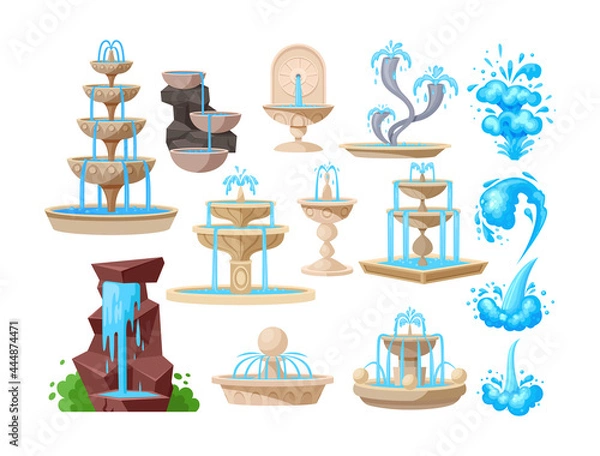 Fototapeta Collection of fountains, geyser waterfalls and water splash. Vintage and modern architecture decor