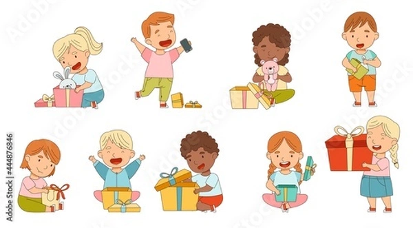 Fototapeta Excited Little Children Opening Gift Box Rejoicing at Present Vector Set