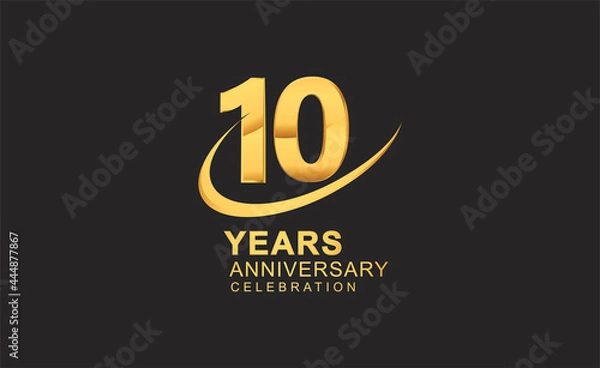 Fototapeta 10th years anniversary with swoosh design golden color isolated on black background for celebration
