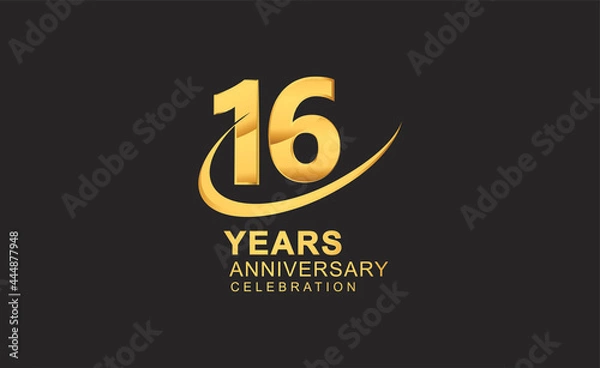 Fototapeta 16th years anniversary with swoosh design golden color isolated on black background for celebration