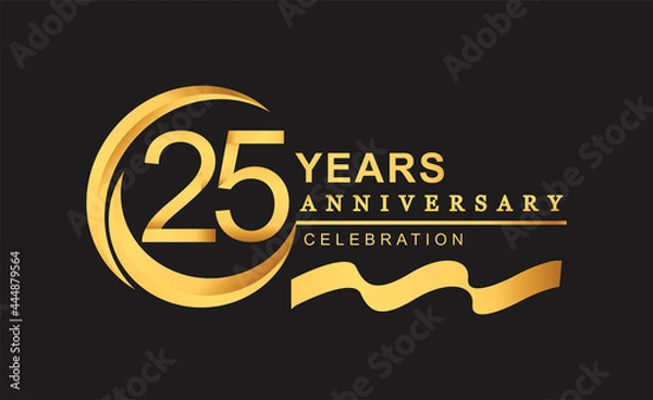 Fototapeta 25th anniversary design logotype golden color with ring and gold ribbon for anniversary celebration