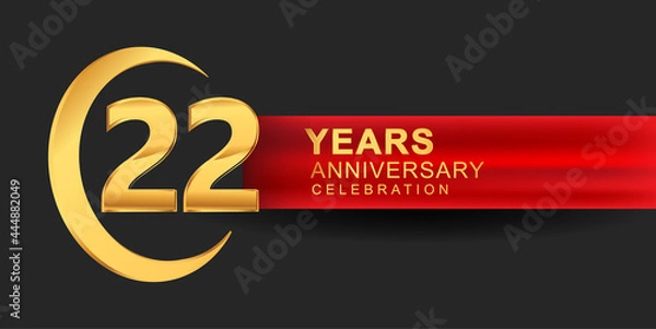 Fototapeta 22nd anniversary design logotype golden color with ring and red ribbon for anniversary celebration