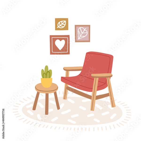 Fototapeta Vector illustration of living room interior with armchair, plant, pictures
