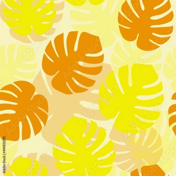 Fototapeta Monstera leaves tropical bright pattern design. Exotic summer yellow orange leaves colorful texture. Textile, print, fabrix, texture design pattern.