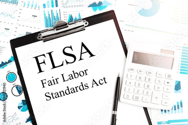Fototapeta Text FLSA - Fair Labor Standards Act on clipboard, pen, calculator, charts. Business concept. Flat lay.