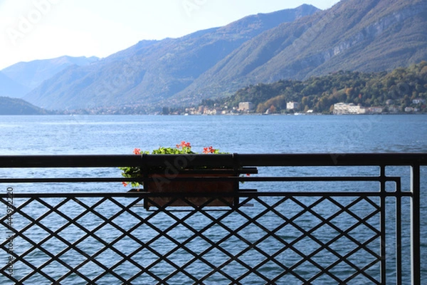 Fototapeta View on Lake Como with fence and flowers on the front