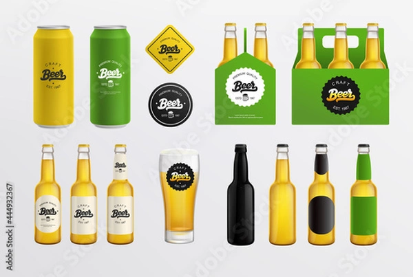 Fototapeta Craft Beer logo and set of glass bottle mockup, Tin Can, packaging box. Beer shop and Pub Branding  mockup set with vintage lettering beer logo. Vector template