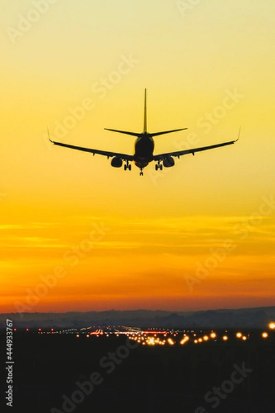 Fototapeta Airplane landing on the runway during sunset and dusk