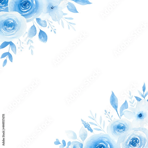 Fototapeta Watercolor blue floral frame isolated on white background. Wedding floral invitation, greeting card. Something blue watercolor theme.  