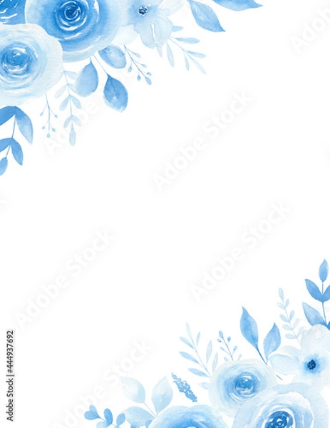 Fototapeta Watercolor blue floral frame isolated on white background. Wedding floral invitation, greeting card. Something blue watercolor theme.  