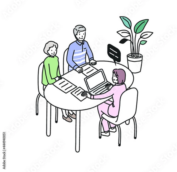 Fototapeta 介護士と対面相談をするシニア夫婦