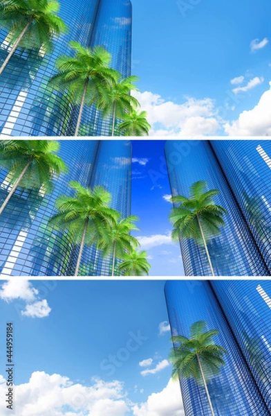 Obraz Perspective and underside angle view to textured background of modern glass building skyscrapers over blue cloudy sky